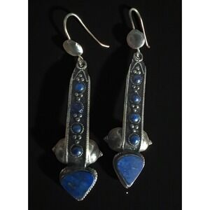 Vintage 925 Sterling Silver Lapis Lazuli Dangle Earrings Pierced 2" Art Deco